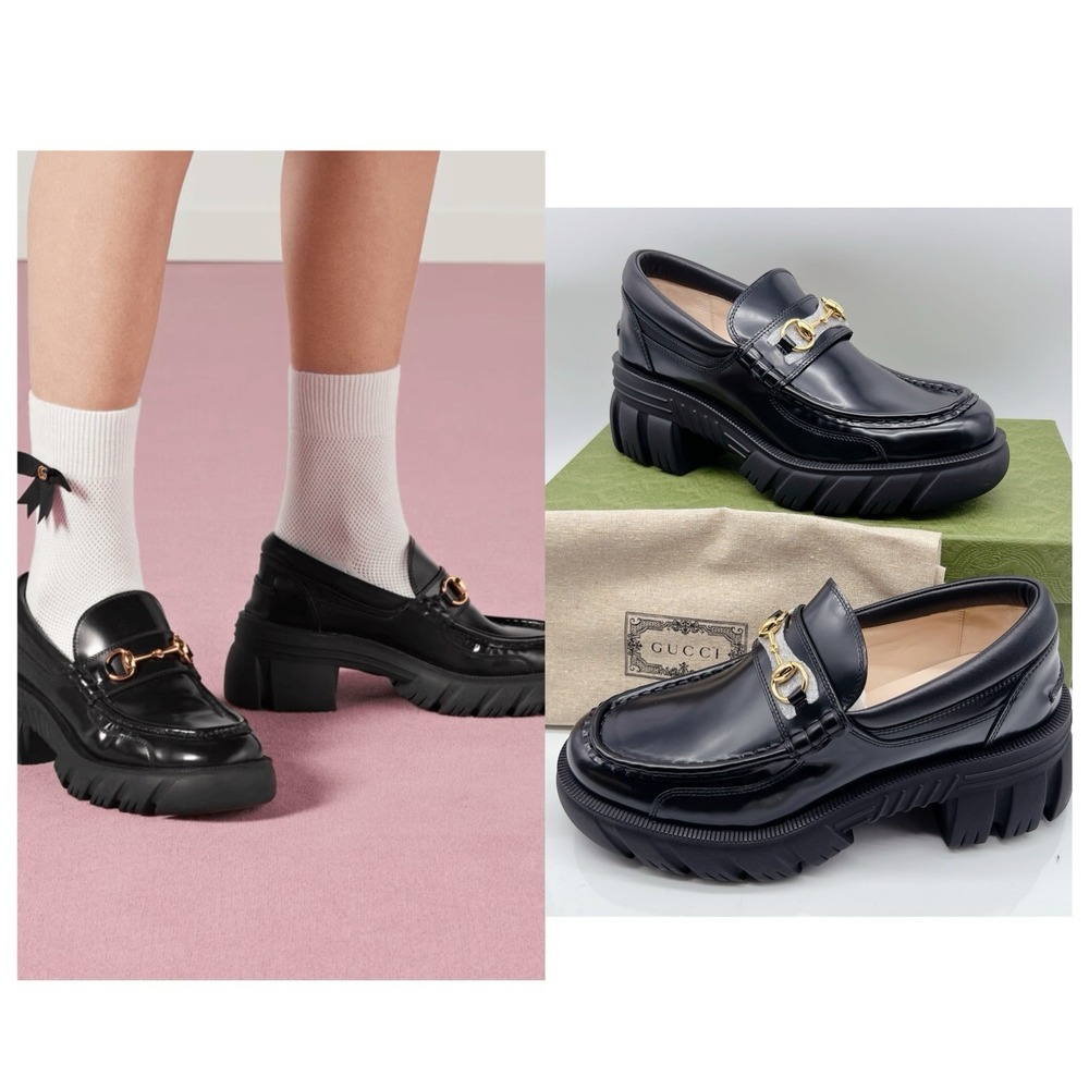 GUCCI Horsebit Creeper Loafers Platform Black Sylke Leather Women's EU 41